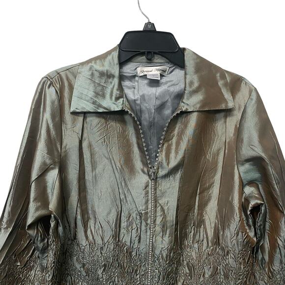 General Apparel Sz Large Green Bling Zip Jacket Top Crinkle Texture Evening - Picture 7 of 9